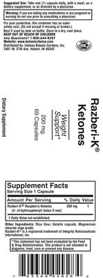 Photo of the Indiana Botanic Gardens Razberi-KKetones 200 mg label