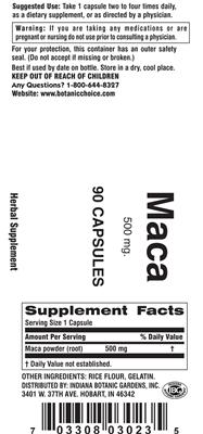 Photo of the Indiana Botanic Gardens Maca 500 mg label