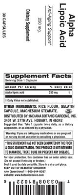 Photo of the Indiana Botanic Gardens Alpha Lipoic Acid 250 mg label