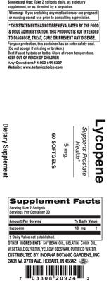 Photo of the Indiana Botanic Gardens Lycopene 5 mg label