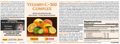 Photo of the ProCaps Laboratories Vitamin C-500 Complex label