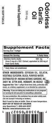 Photo of the Indiana Botanic Gardens Odorless Garlic Oil 500 mg label