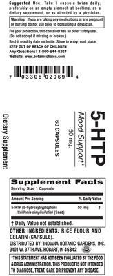 Photo of the Indiana Botanic Gardens 5-HTP 50 mg label