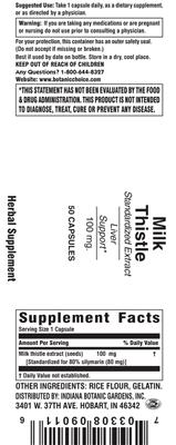 Photo of the Indiana Botanic Gardens Milk Thistle Standardzied Extract 100 mg label