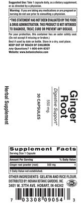 Photo of the Indiana Botanic Gardens Ginger Root 550 mg label