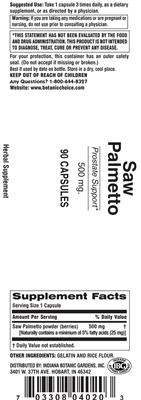 Photo of the Indiana Botanic Gardens Saw Palmetto 500 mg label