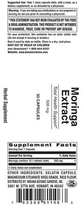Photo of the Indiana Botanic Gardens Moringa Extract 500 mg label