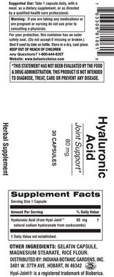 Photo of the Indiana Botanic Gardens Hyaluronic Acid 80 mg label
