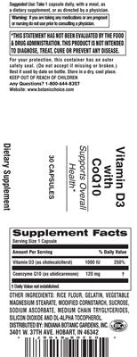 Photo of the Indiana Botanic Gardens Vitamin D3 With CoQ10 label