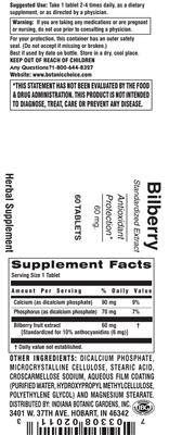 Photo of the Indiana Botanic Gardens Bilberry Standardized Extract 60 mg label