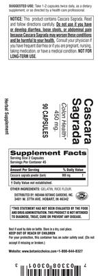 Photo of the Indiana Botanic Gardens Cascara Sagrada 450 mg label