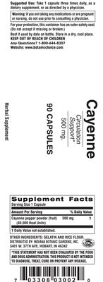 Photo of the Indiana Botanic Gardens Cayenne 500 mg label