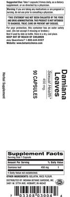Photo of the Indiana Botanic Gardens Damiana Leaves 450 mg label