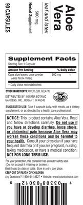 Photo of the Indiana Botanic Gardens Aloe Vera 500 mg label