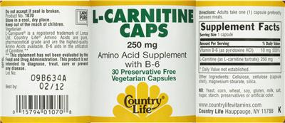 Photo of the Country Life L-Carnitine Caps 250 mg label