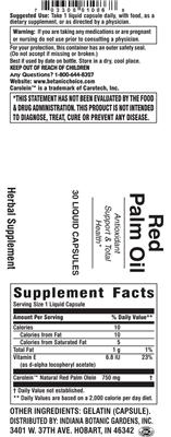 Photo of the Indiana Botanic Gardens Red Palm Oil label