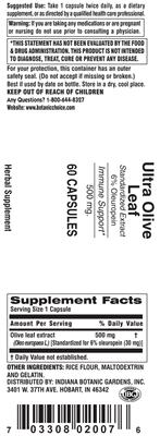 Photo of the Indiana Botanic Gardens Ultra Olive Leaf 500 mg label