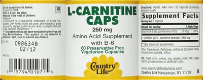 Photo of the Country Life L-Carnitine Caps 250 mg label