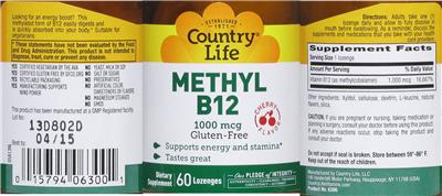 Photo of the Country Life Methyl B12 1000 mcg Cherry Flavor label