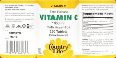 Photo of the Country Life Time Release Vitamin C 1000 mg With Rose Hips label