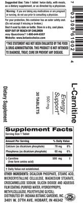 Photo of the Indiana Botanic Gardens L-Carnitine 500 mg label