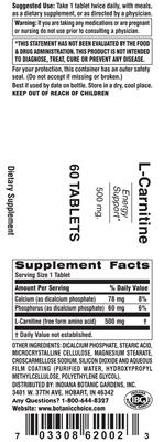 Photo of the Indiana Botanic Gardens L-Carnitine 500 mg label
