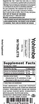 Photo of the Indiana Botanic Gardens Yohimbe 500 mg label