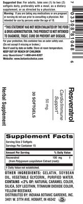 Photo of the Indiana Botanic Gardens Resveratrol 50 mg label