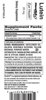 Photo of the Indiana Botanic Gardens Lutein 20 mg label