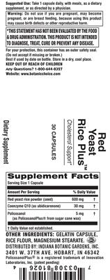 Photo of the Indiana Botanic Gardens Red Yeast Rice Plus label