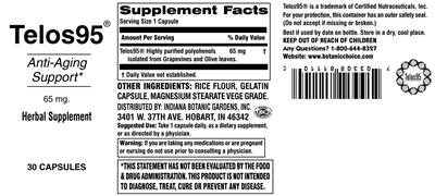 Photo of the Indiana Botanic Gardens Telos95 65 mg label
