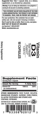 Photo of the Indiana Botanic Gardens Vitamin D3 1,000 IU label
