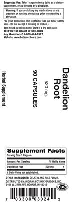 Photo of the Indiana Botanic Gardens Dandelion Root 520 mg label
