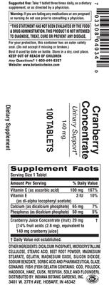 Photo of the Indiana Botanic Gardens Cranberry Concentrate 140 mg label