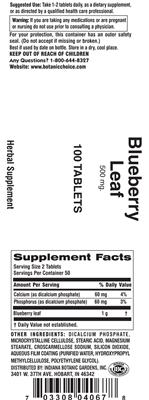 Photo of the Indiana Botanic Gardens Blueberry Leaf 500 mg label
