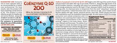 Photo of the ProCaps Laboratories CoEnzyme Q10-200 label