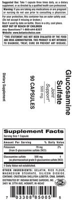 Photo of the Indiana Botanic Gardens Glucosamine Sulfate 500 mg label