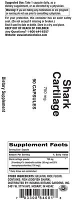 Photo of the Indiana Botanic Gardens Shark Cartilage 750 mg label