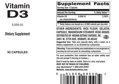 Photo of the Indiana Botanic Gardens Vitamin D3 5,000 IU label