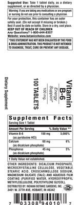 Photo of the Indiana Botanic Gardens Vitamin B-6 100 mg label