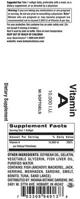 Photo of the Indiana Botanic Gardens Vitamin A 10,000 IU label