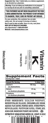 Photo of the Indiana Botanic Gardens Vitamin K 100 mcg label