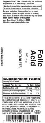 Photo of the Indiana Botanic Gardens Folic Acid 800 mcg label