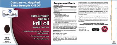 Photo of the Member's Mark Extra Strength Omega-3 Krill Oil Softgels, 500 mg label