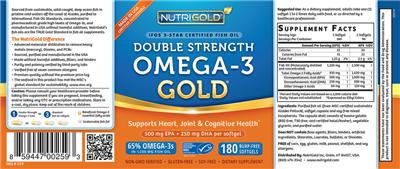 Photo of the NutriGold Double Strength Omega-3 Gold label