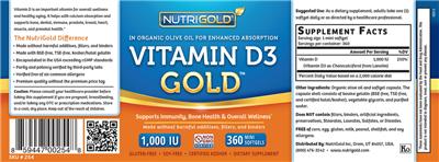 Photo of the NutriGold Vitamin D3 Gold 1,000 IU label
