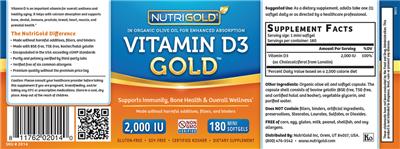 Photo of the NutriGold Vitamin D3 Gold 2,000 IU label