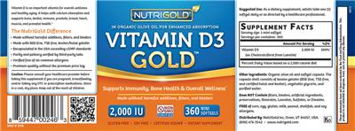 Product label for Vitamin D3 Gold 2,000 IU