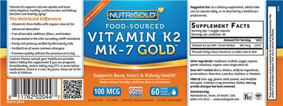 Photo of the NutriGold Vitamin K2 MK-7 Gold 100 mcg label