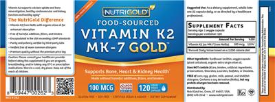 Photo of the NutriGold Food-Sourced Vitamin K2 MK-7 Gold 100 mcg label